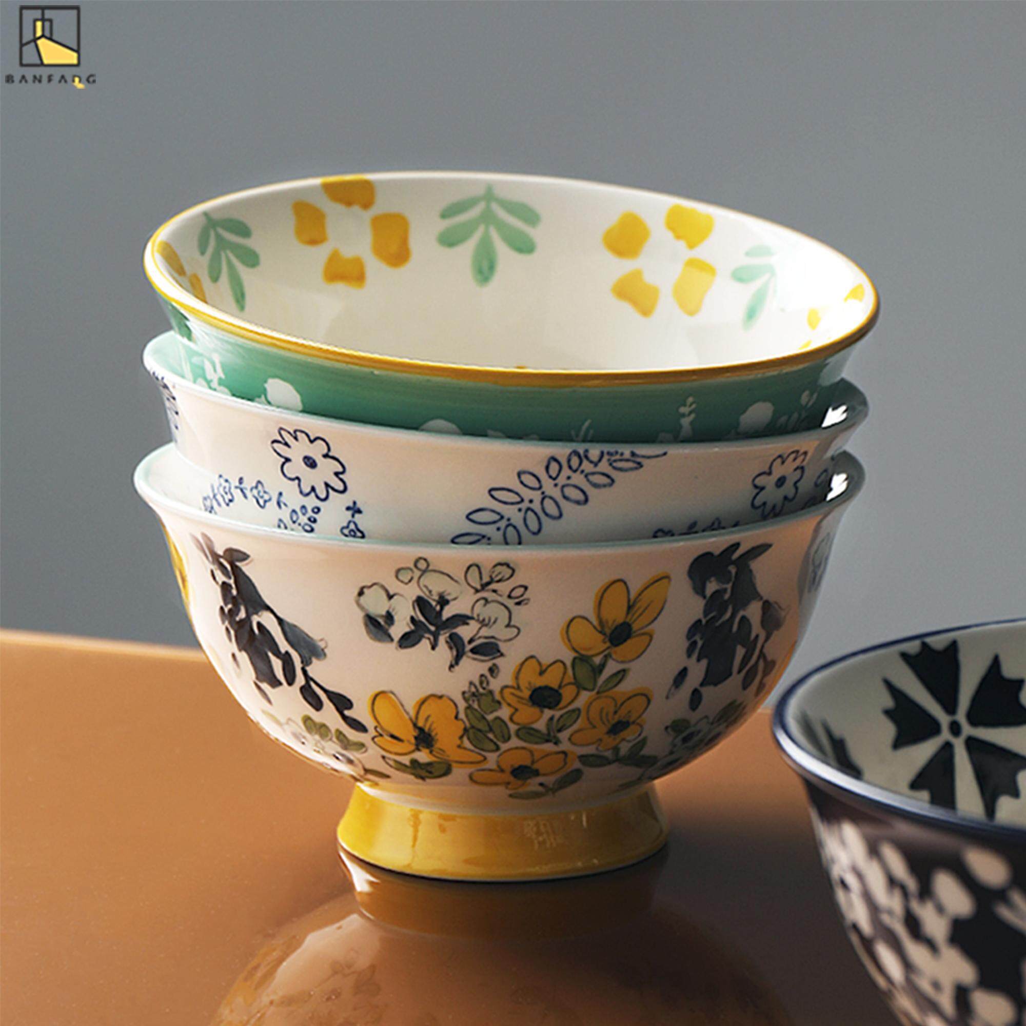 BANFANG Flower ceramic high-foot bowl household rice bowl thickened anti-hot soup noodle bowl hand-painted glaze color mixed noodle salad bowl