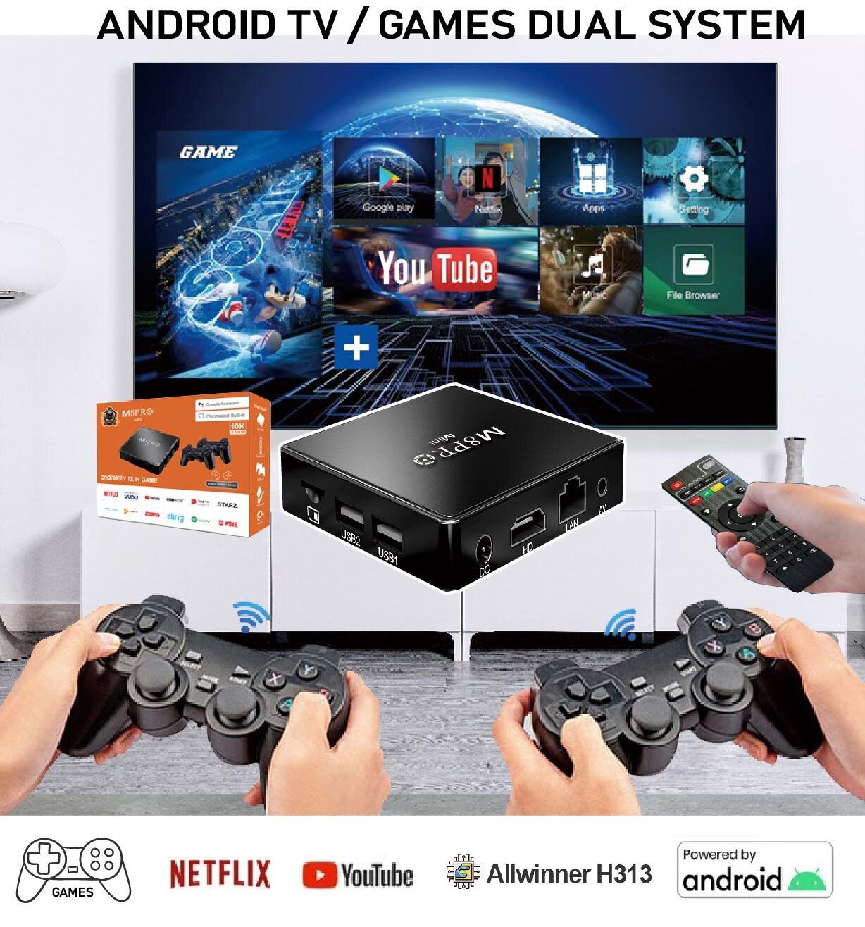 M8 PRO Mini Android TV Game TV Box Dual System Wifi Allwinner H313 quad  core game player wireless dual rocker joystick