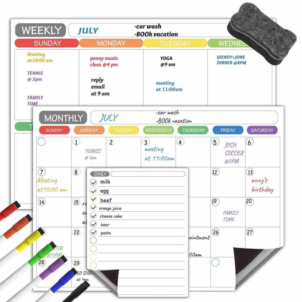 Magnetic Dry Erase Calendar Whiteboard Fridge Magnet Flexible Daily Message Stickers Included Monthly Weekly Daily Calendar Whiteboard 5 Board Pen 1 Eraser for Organizer Schedule Planner To Do List Notepad Wall Set (Standard)