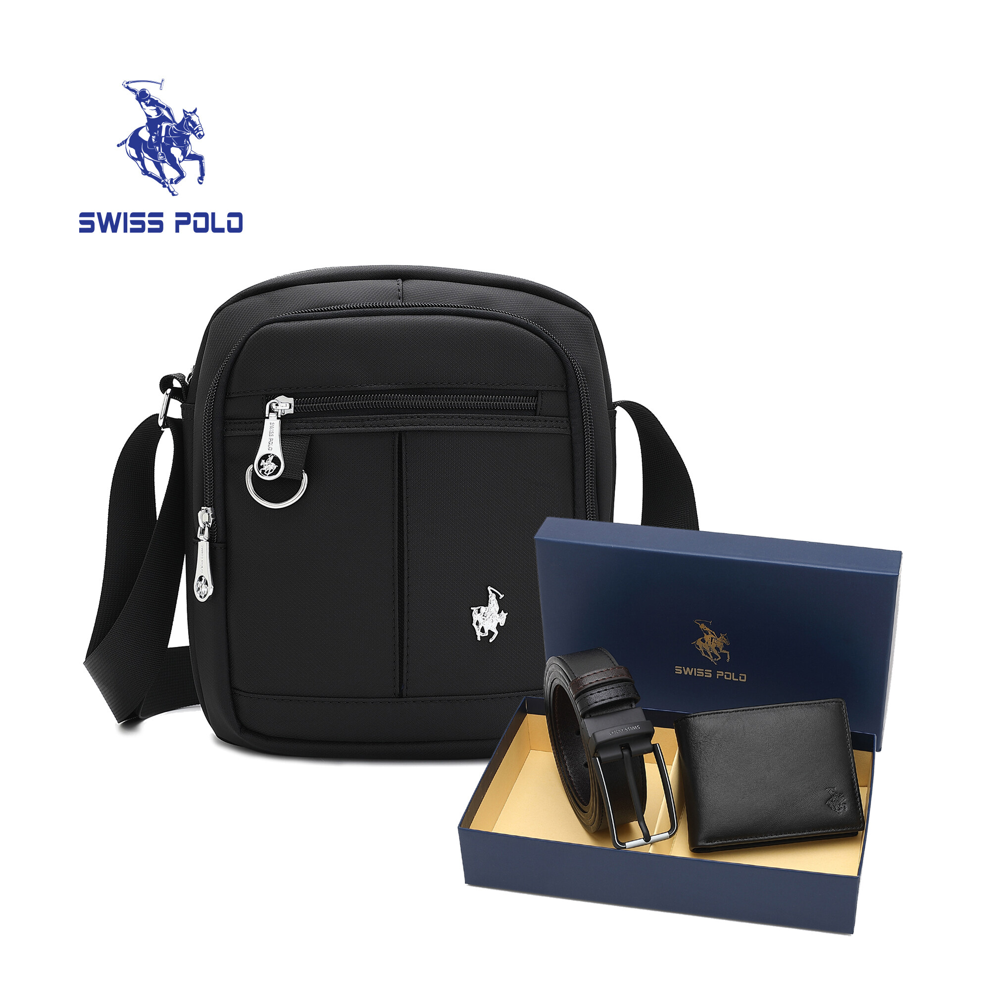 SWISS POLO Gift Set/ Box Chestbag And Genuine Leather Bifold Wallet With Belt SGS 563-4 BLUE/GREY