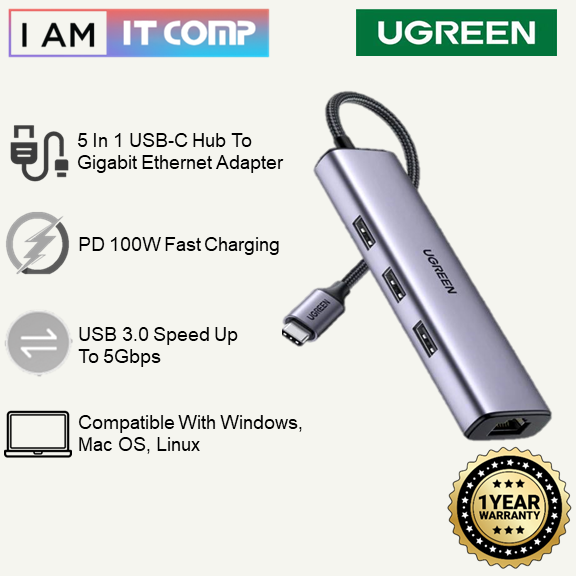 UGREEN 5 In 1 USB-C To Gigabit Ethernet 3 Ports USB 3.0-A Hub / RJ45 Ethernet / Speed Up To 5Gpbs / PD 100W Power ( 20932 )