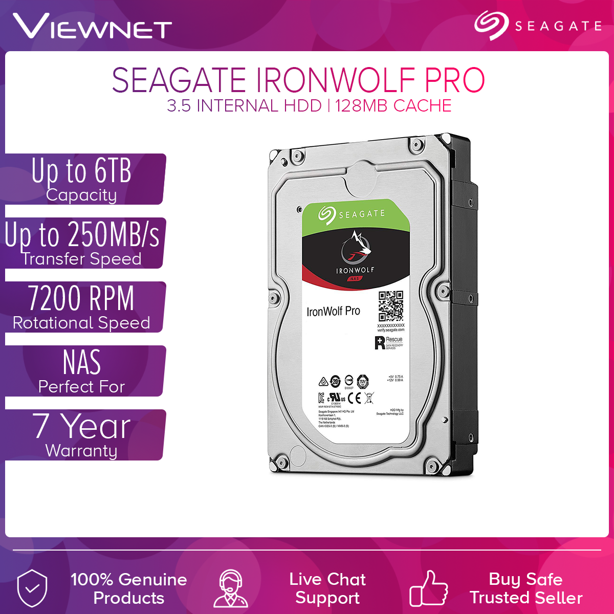 Seagate Ironwolf Pro 2TB Internal Hard Drive - 7200RPM SATA 6Gb/s 128MB 3.5