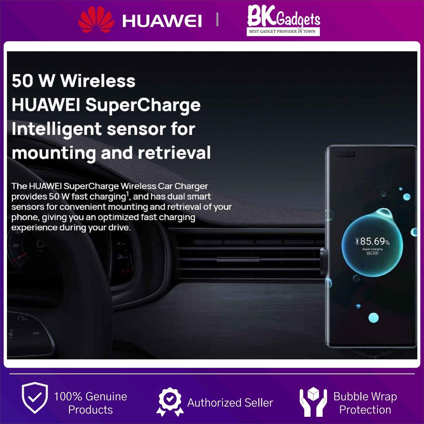 Huawei SuperCharge Wireless Car Charger 50W 2 Ports 3D Air Cooling Universal Compatibility