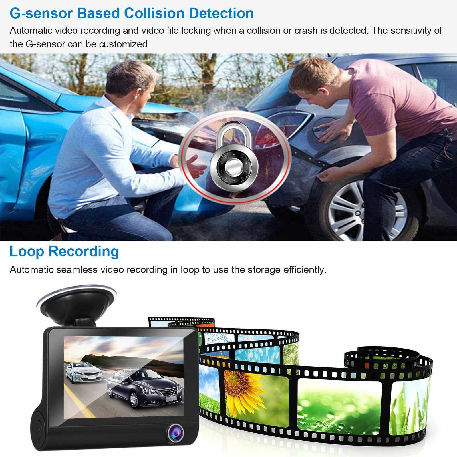 1080P Full HD Dash Cam with 4 Inch IPS Screen Front and Rear Dual Dash Camera Driving Recorder Wide Angle Vision G-sensor Loop Recording Motion Detection Parking Monitor Playback Viewing Off-screen & Reversing Video Dashboard Camera 8G-32G Memory Sup
