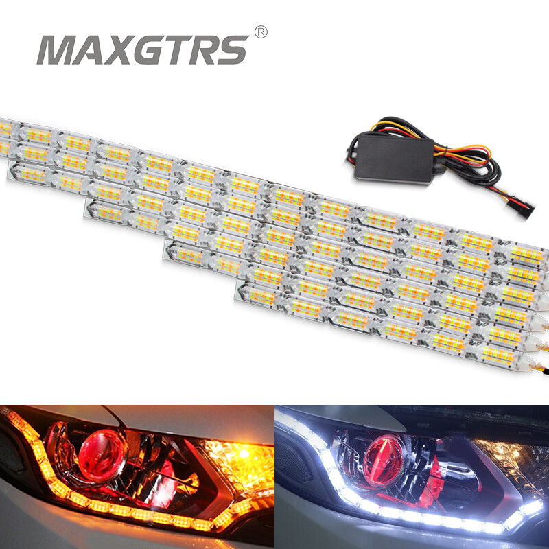 2x Car Flexible Switchback LED Strip Light Flasher Dual Color DRL Turn Signal strip light