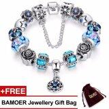 BAMOER 925S Silver Charm Bracelet with Safety Chain Rhinestone Strand Pulseras Luxury Blue Bijoux for Her Gift PA1855