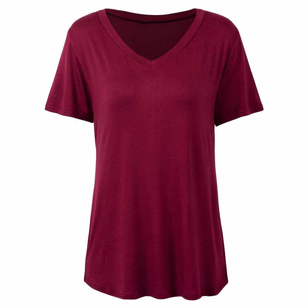 People's Choice New Fashion Women T-shirt Solid Color V Neck Short Sleeve Rounded Hem Long Casual Party Wear Summer Tops (Burgundy)