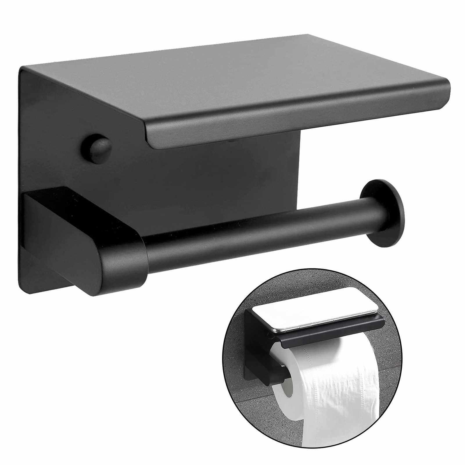 Matte Black Tissue Roll Dispenser Storage Stainless Steel Paper Holder for Bathroom Single Roll Toilet Paper Holder Wall Mount with Shelf (Black)