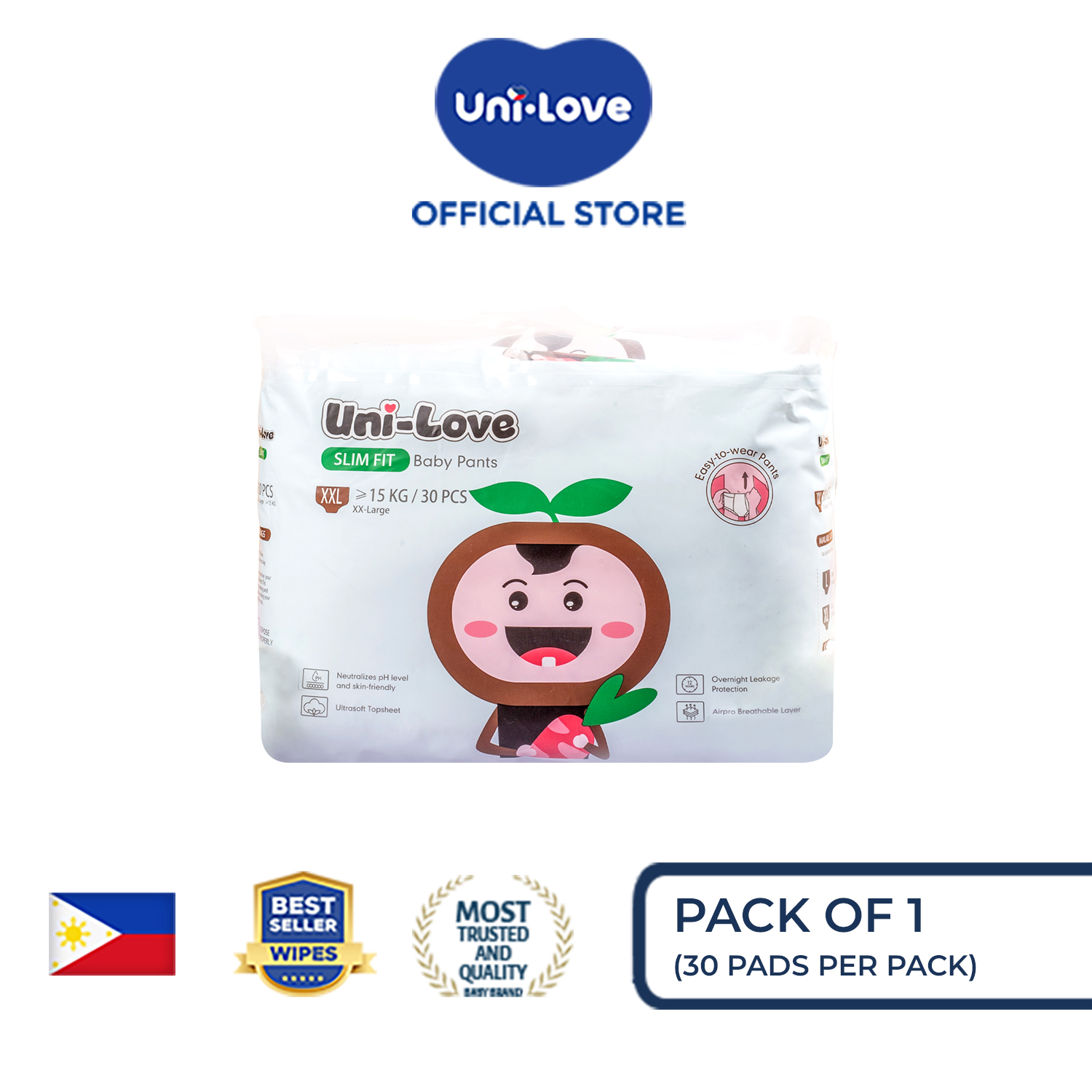UniLove Slim Fit Baby Pants 30s (XX-Large) Pack of 1 - Hypoallergenic | Super Absorbent | Ultrasoft | Neutralizes PH Level | Double Leakguard | Pants type | Breathable