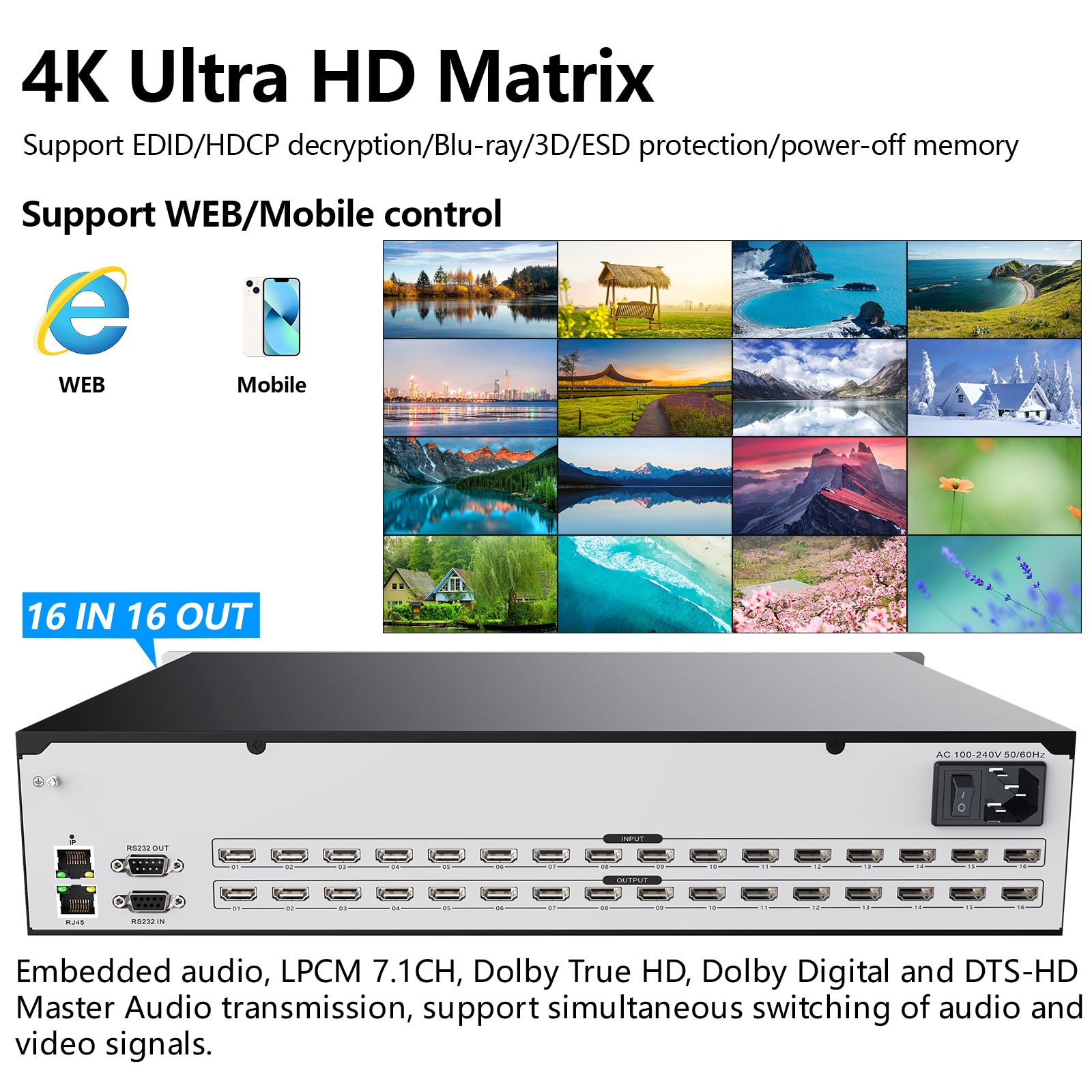Matrix Switch HDMI 16x16 4K 30Hz 1080P120Hz Profesional Matrix Switch Splitter16 in 16 out HDCP Blu-ray 3D WEB/Panel/Remote Cont ราคา 22,597 บาท*ส่งฟรี