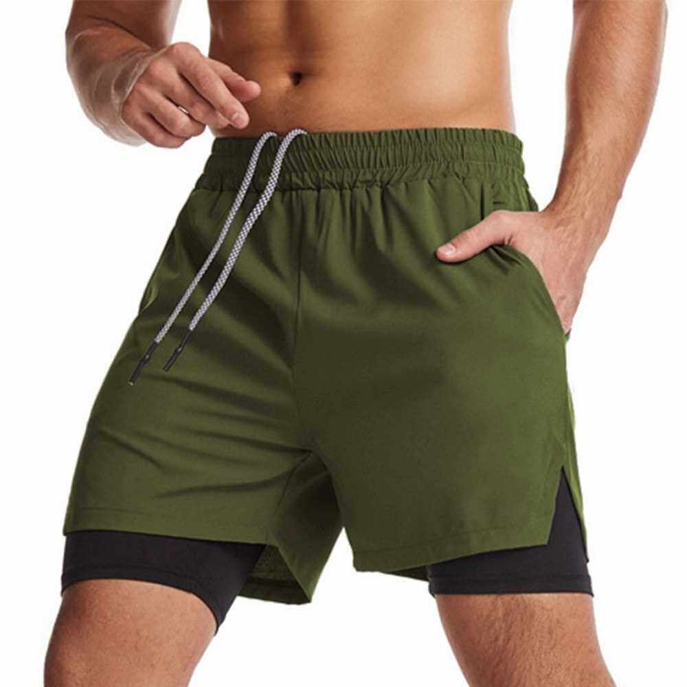 Men 2 in 1 Sport Shorts with Towel Loop Zip Pocket Quick Dry Elastic Waist Short Pants for Gym Basketball Running (Army Green)