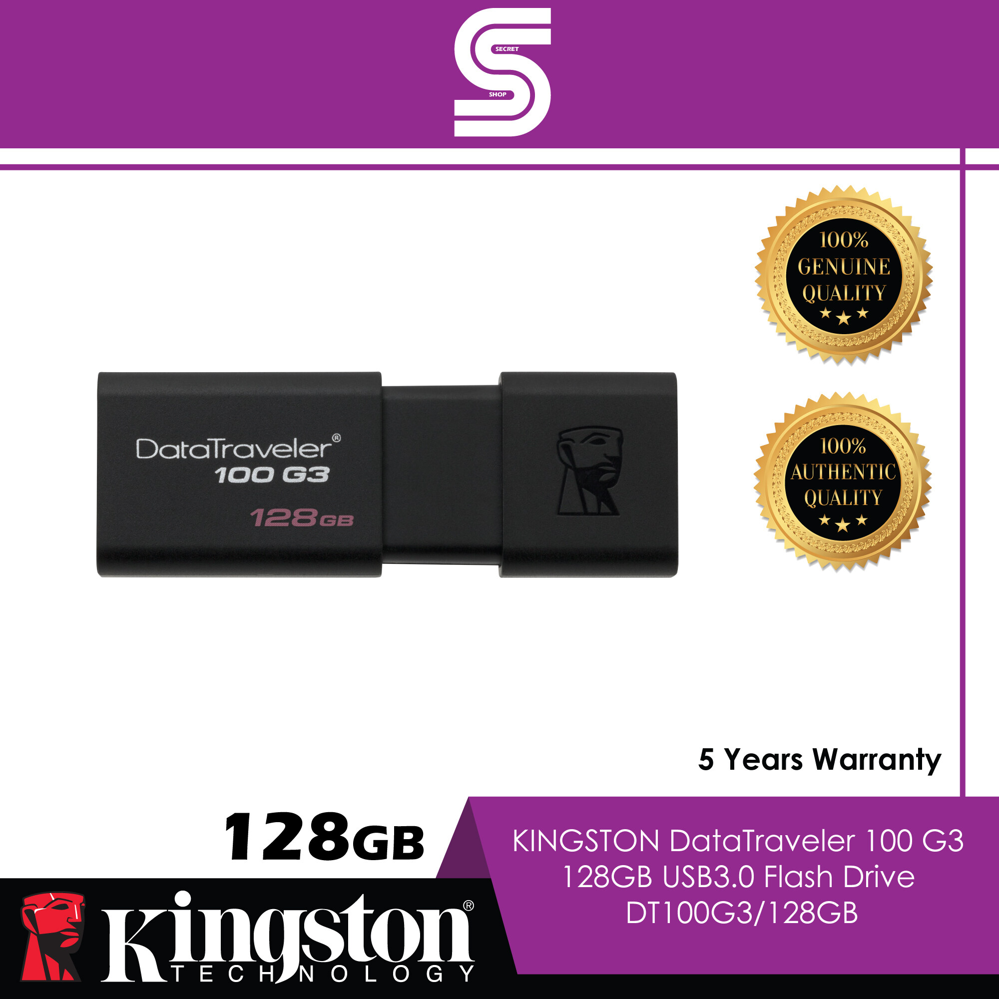 Kingston DataTraveler 100 G3 128GB USB3.0 Flash Drive - DT100G3/128GB
