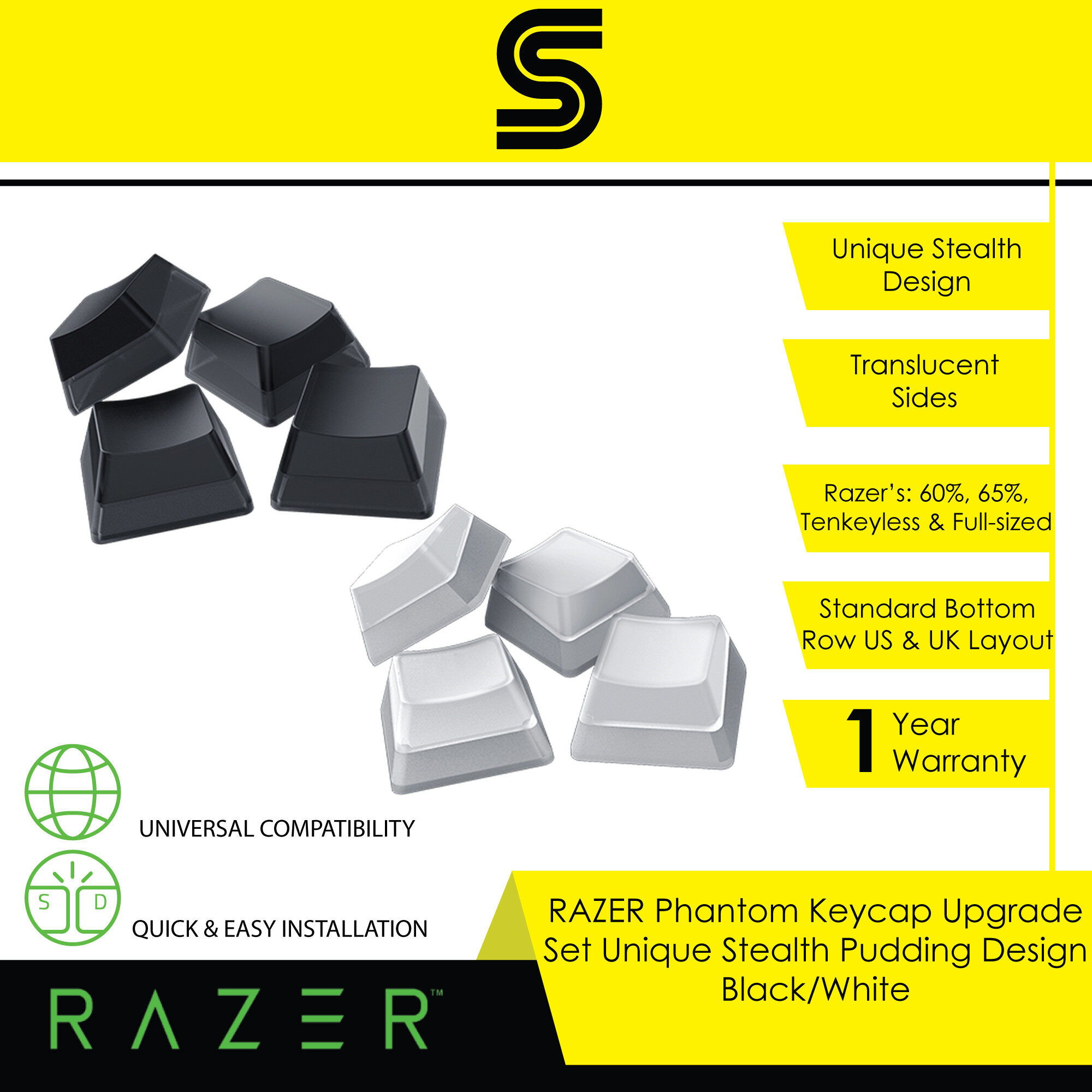Razer Phantom Keycap Upgrade Set-Unique Stealth Pudding Design for Shine-through Razer Chroma RGB Lighting - Classic Black/Mercury White