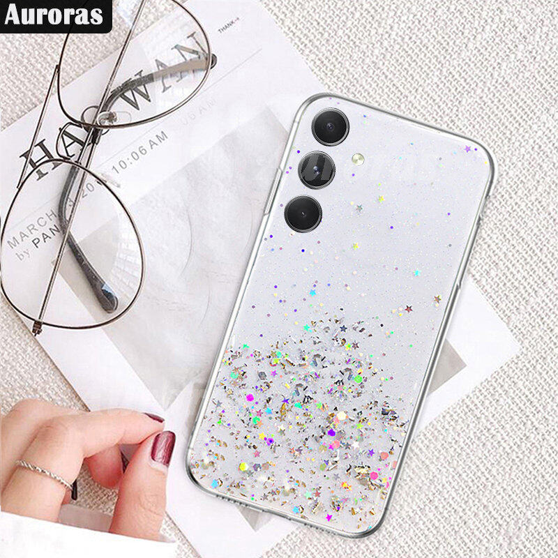 Cho Samsung Galaxy S23 FE trường hợp lấp lánh kim tuyến Sequins vỏ cho Galaxy S23 FE 23fe Bìa bầu trời đầy sao trong suốt Ốp điện thoại mềm Bìa đầy đủ Sao Mặt Trăng