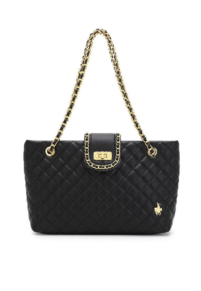 SWISS POLO Ladies Quilted Top Chain Handle Tote Bag HJK 548-1 BLACK