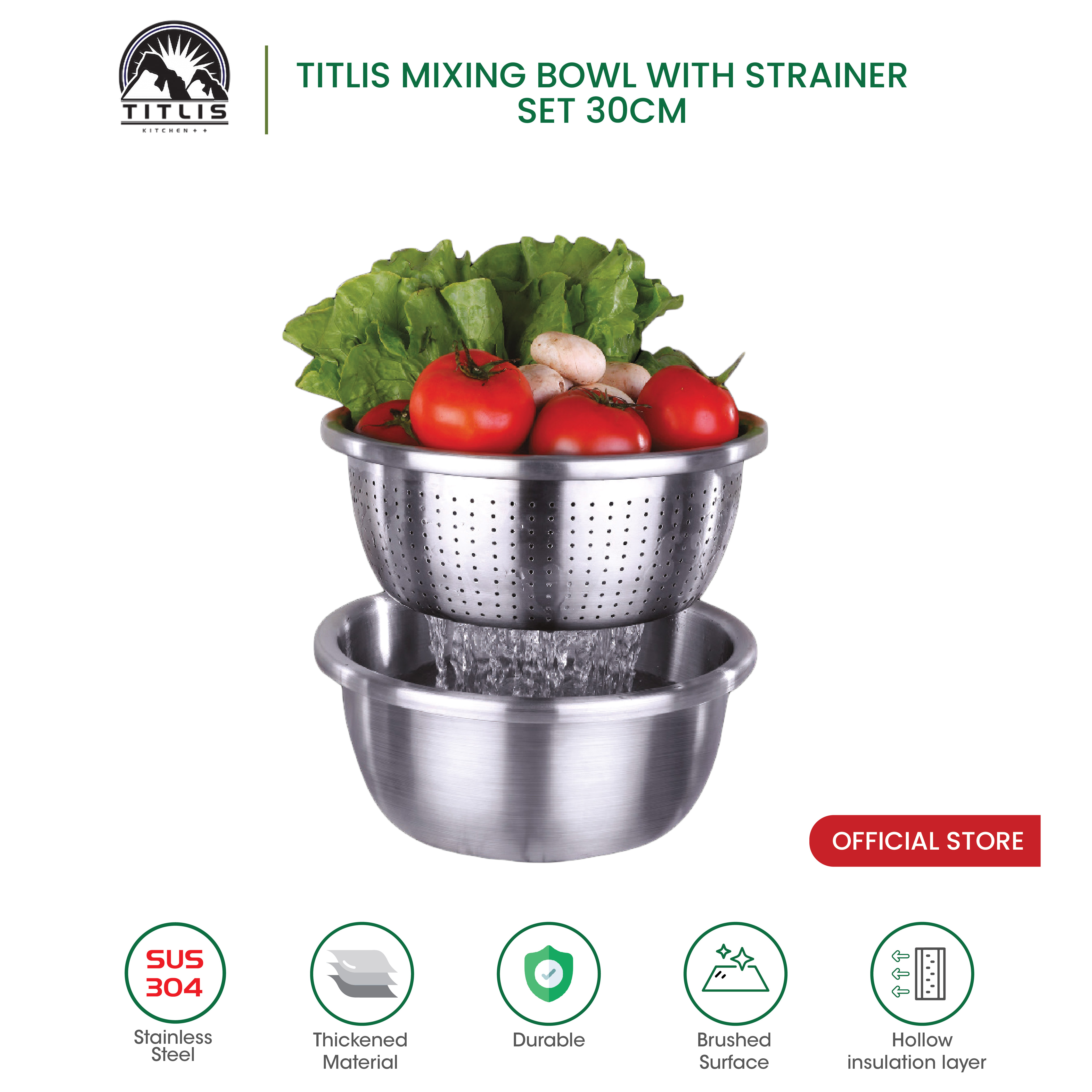 TITLIS MIXING BOWL WITH STRAINER SET 30CM (TL-6303-LD)