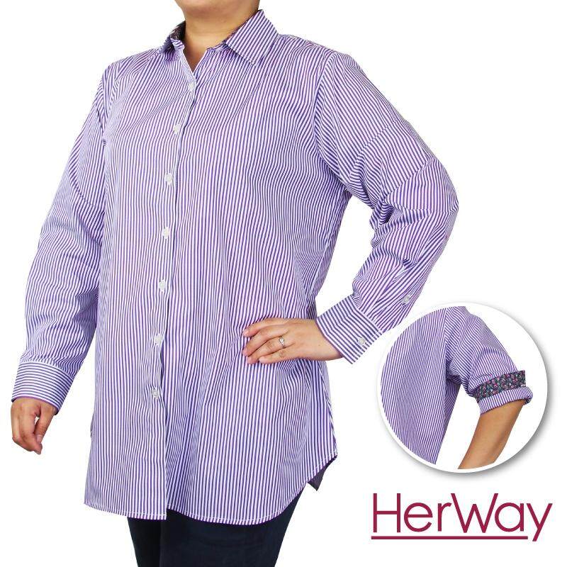 HERWAY PLUS SIZE Ladies Formal LS Stripe Work Shirt HW9055 (Purple)