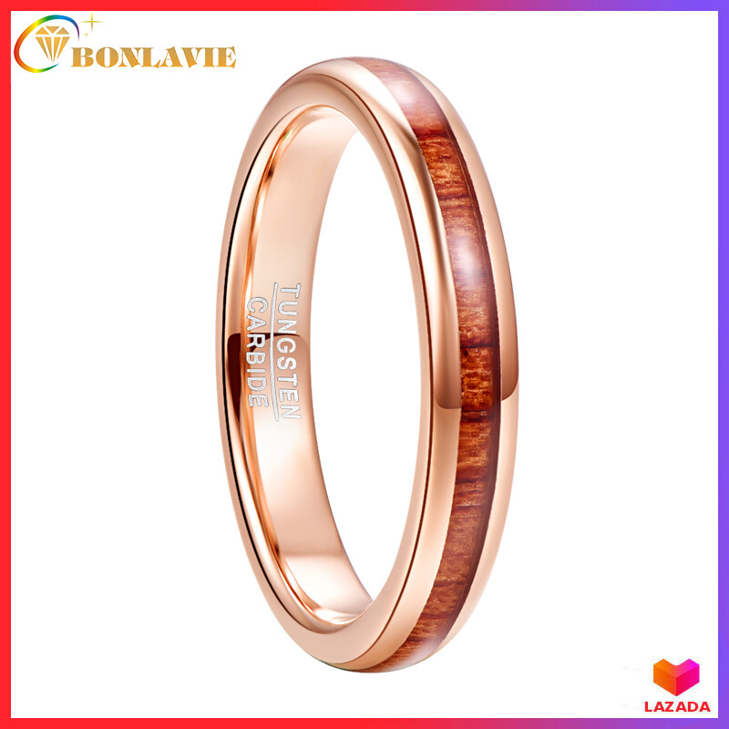 BONLAVIE 4mm Unisex Tungsten Carbide Ring Hawaiian Koa Wood Inlay Polished Finish Comfort Fit Rose Gold Ring AAA Quality