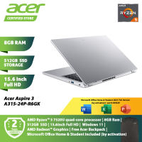 Acer Aspire 3 A315-24P-R6GK Laptops NX.KDESM.001 Pure Silver AMD Ryzen 5 8Gb Ram 512GB SSD AMD Radeon Graphics 15.6-Inch FHD Win 11 Preloaded  Microsoft Office Home And Student