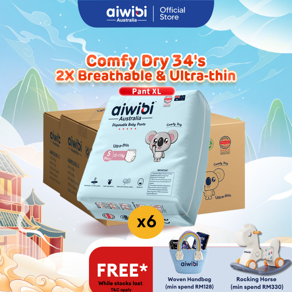 [Bundle of 6] Aiwibi Baby Diapers Comfy Dry 34s (Pant XL)(Lampin Bayi 6 pek)