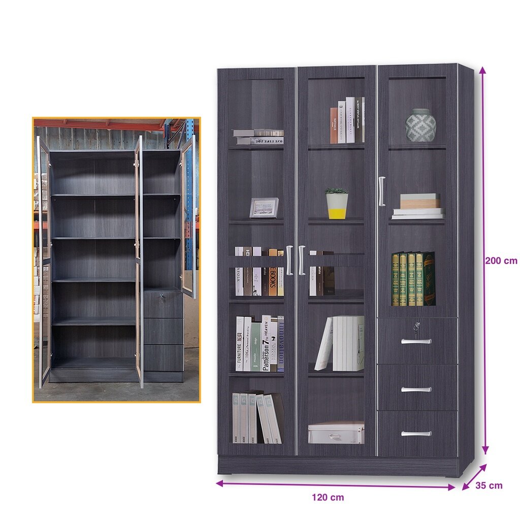 ROAM 3 Door Display Cabinet Keylock 3 Drawer Storage Cabinet Almari Kaca Buku Kabinet 3 Pintu Nordic Rak Buku Oak Color