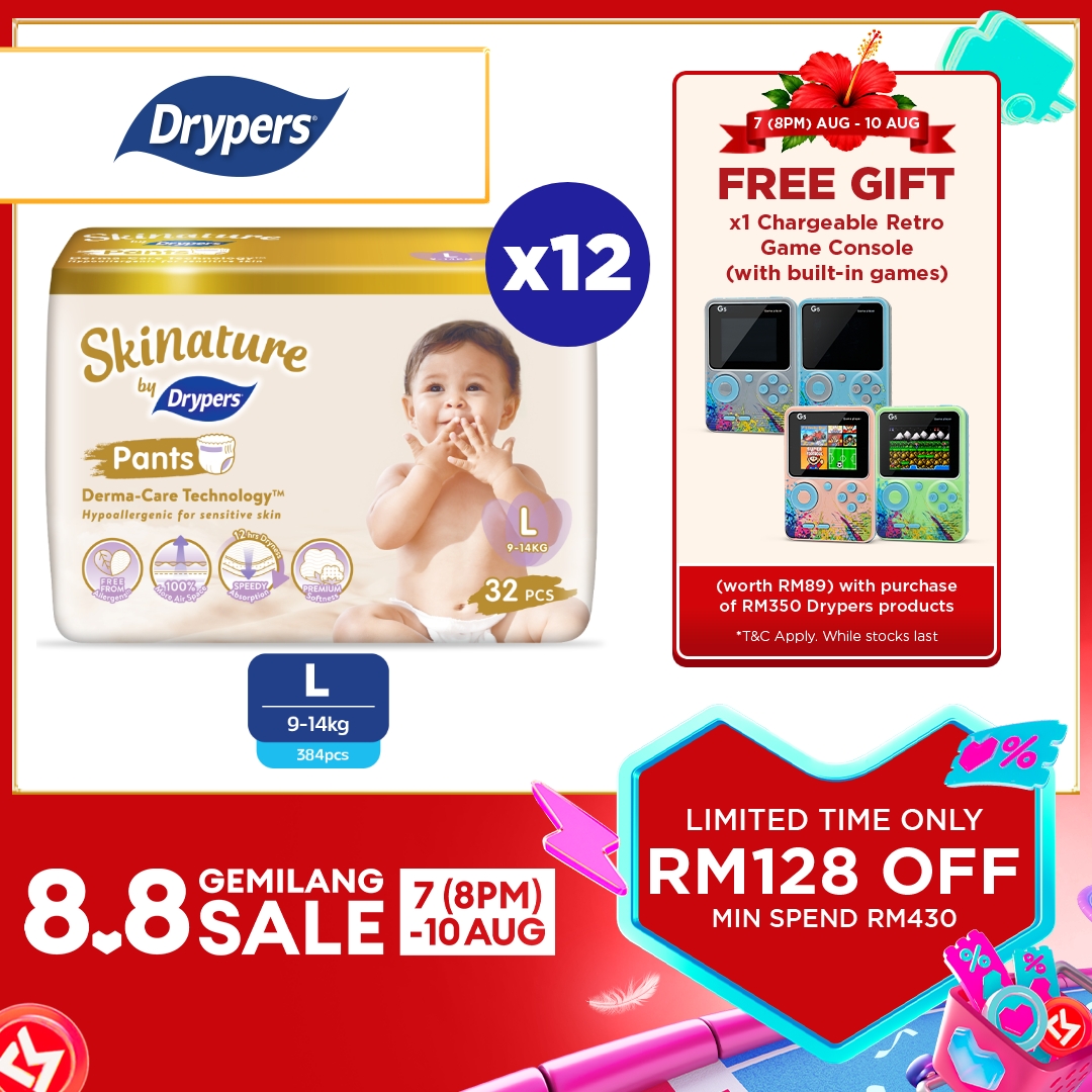 Skinature Pants by Drypers Baby Pants Diapers M38/ L32/ XL26/ XXL22 (12 Packs) - Super Soft & Allergen-free