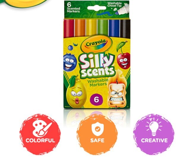 Crayola SILLY SCENTS Washable Markers-6 Count, Washable Markers, safe Colorful, Multicolored, Kids Coloring Tool, fragrant scents in crayons, markers and colored pencils, Gift For Kids.