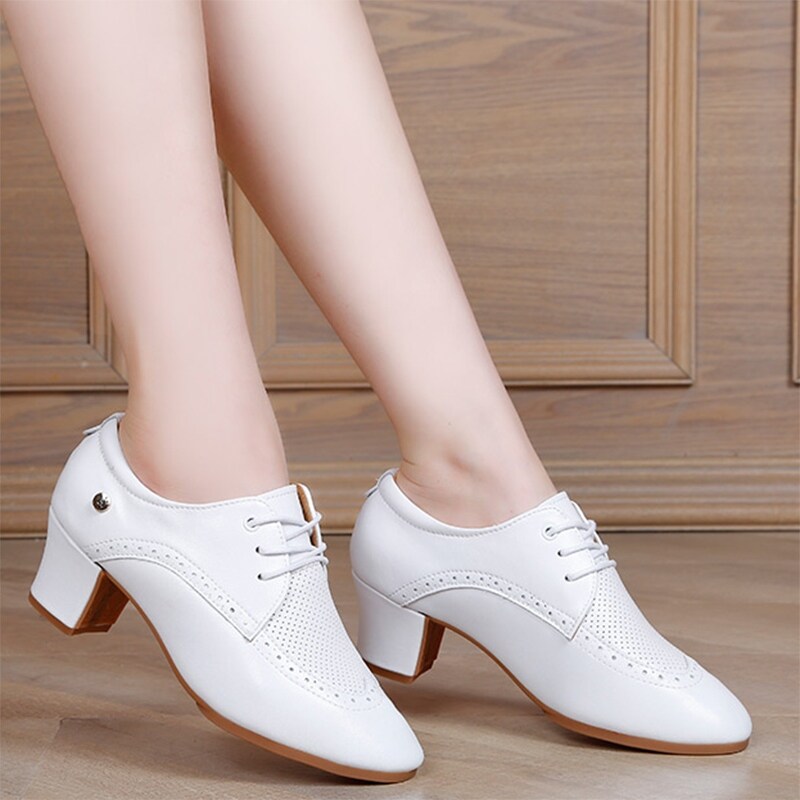 [Latin fan] Latin Dance Shoes Woman SquareLeather Soft sole Shoes Dancing Zapatos MujerBreathable Ballroom Shoes For Women