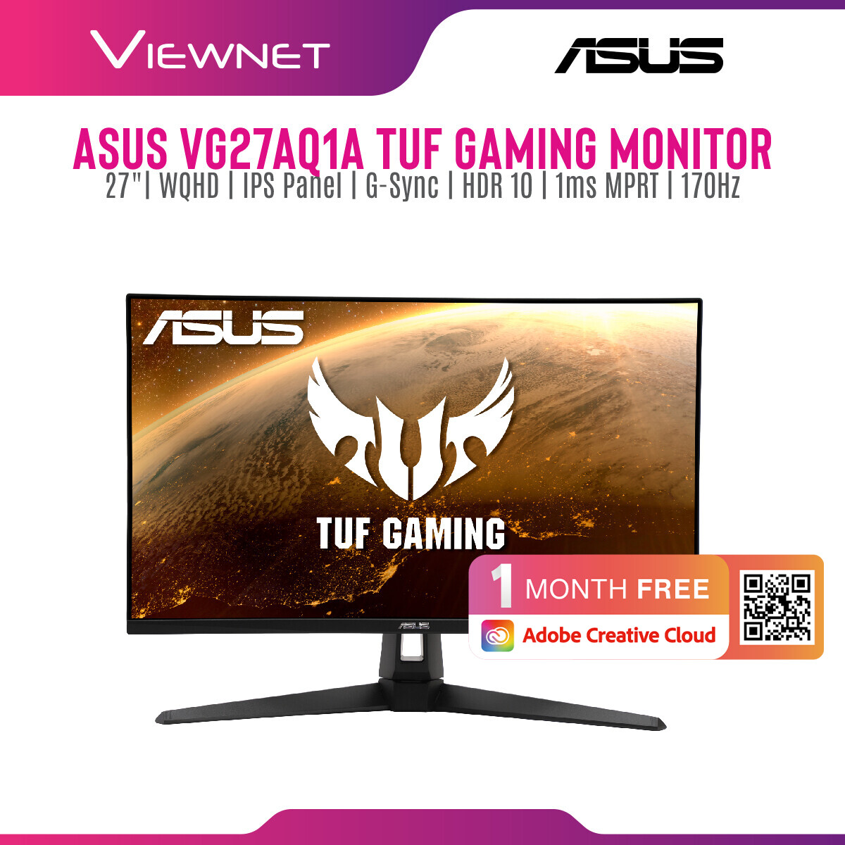 Asus TUF Gaming VG27AQ1A G-SYNC Compatible Gaming Monitor â€“ 27 inch WQHD (2560 x 1440), IPS, 170Hz (Above 144Hz), 1ms MPRT, Extreme Low Motion Blur, G-SYNC Compatible, HDR 10