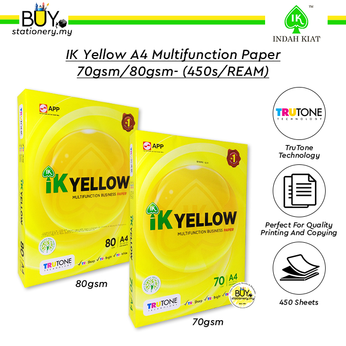 IK Yellow A4 Paper Multifunction 70gsm 80gsm ( 450 Sheet / REAM ) Kertas A4 Fotostat White Photocopy Photostate Paper Stationary Stationery Alat Tulis School Student