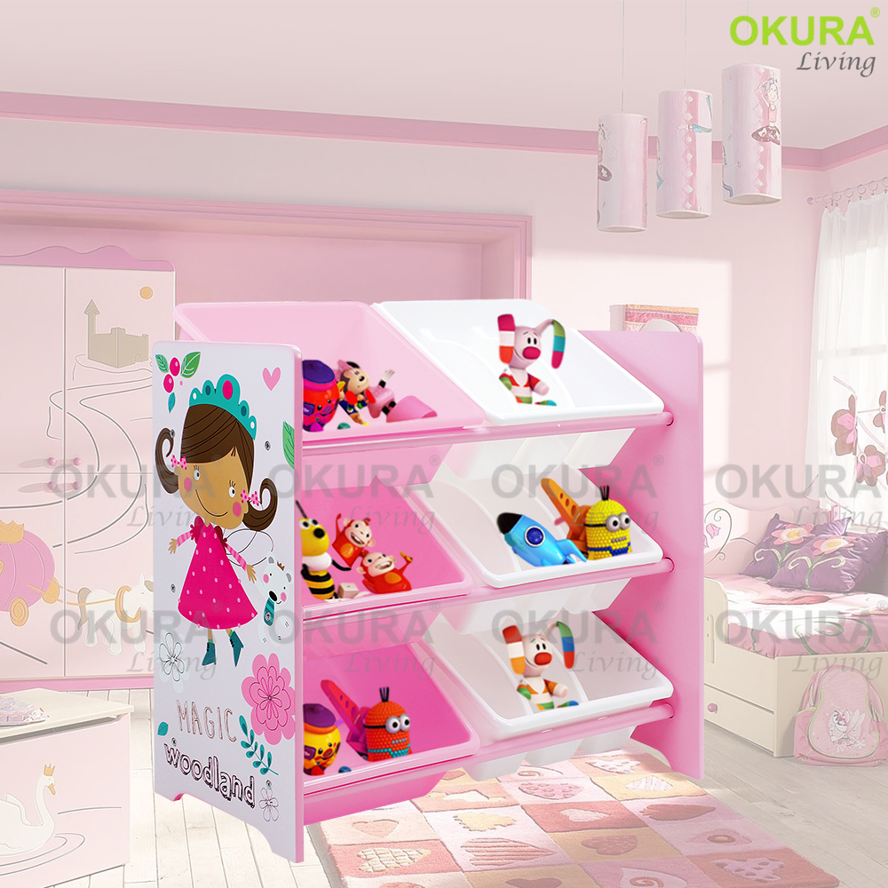 OKURA Multi-layer Kids 3 Levels Toy Organizer / Pink Girl Storage Rack with 6 Bins in Fun Bright Color Rak Mainan Kanak
