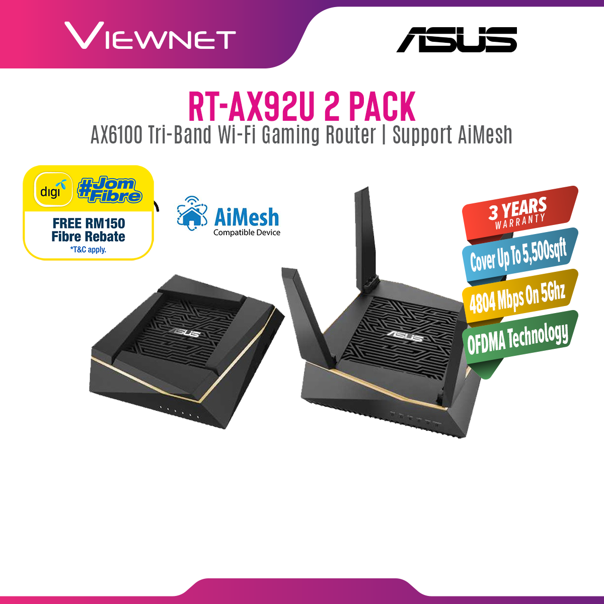 Asus AX6100 AiMesh Mesh WiFi System RT-AX92U (2 Pack) Wireless Router