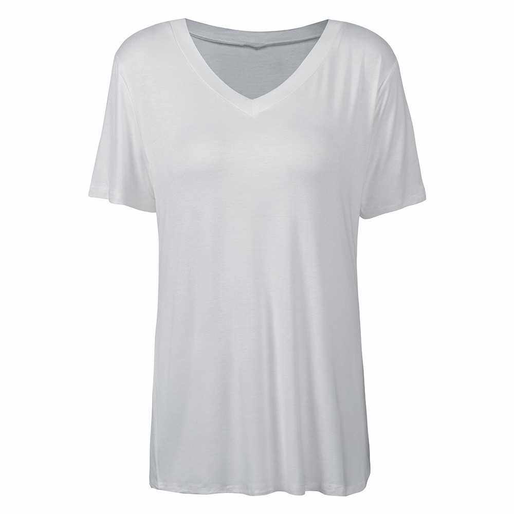 People's Choice New Fashion Women T-shirt Solid Color V Neck Short Sleeve Rounded Hem Long Casual Party Wear Summer Tops (White)