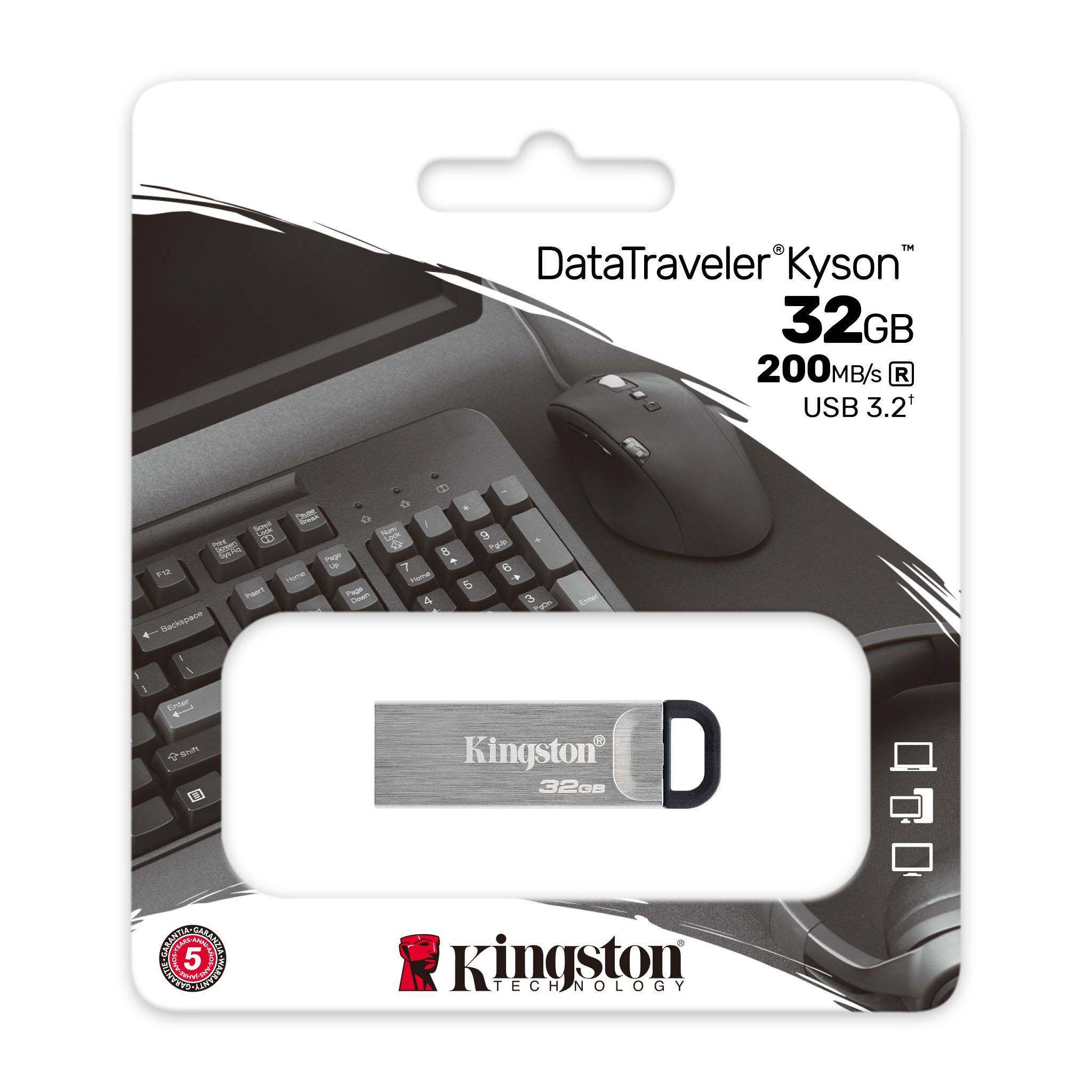 Kingston DataTraveler Kyson DTKN USB Pendrive (32GB / 64GB / 128GB / 256GB) with USB 3.2 Connection, Capless Design, Metal Casing, Strap Hole