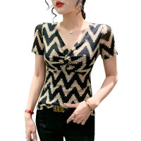 REHIN Womens top Summer New Fashion Slim Fit Printed Mesh Collision ripple twist knot V-neck Short Sleeve T-shirt trend cotton blouse