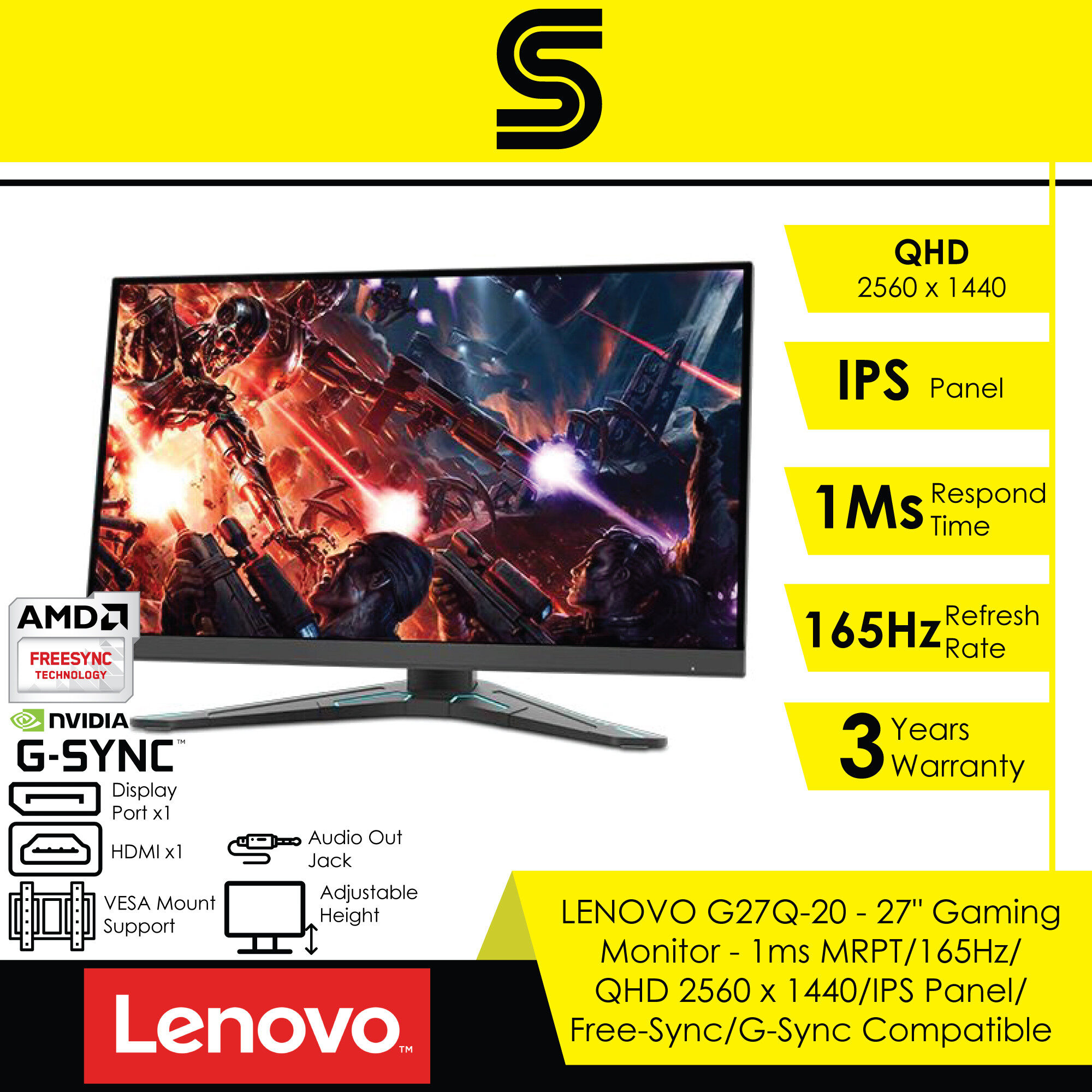 LENOVO G27Q-20 - 27" Gaming Monitor - 1ms MRPT/165Hz/ QHD 2560 x 1440/IPS Panel/ Free-Sync/G-Sync Compatible