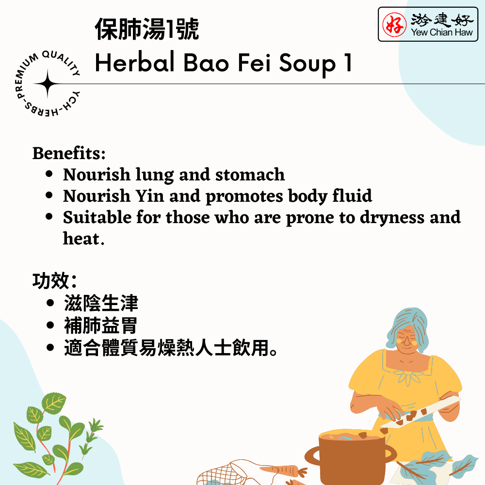 [YCH 游建好 Herbs] 游建好保肺湯1號 (slice) Herbal Bao Fei Soup 1 治療咳嗽有幫助 润肺生津 滋潤肺 清热 便秘 加強胃功能 抵抗力 Repels Body Heat