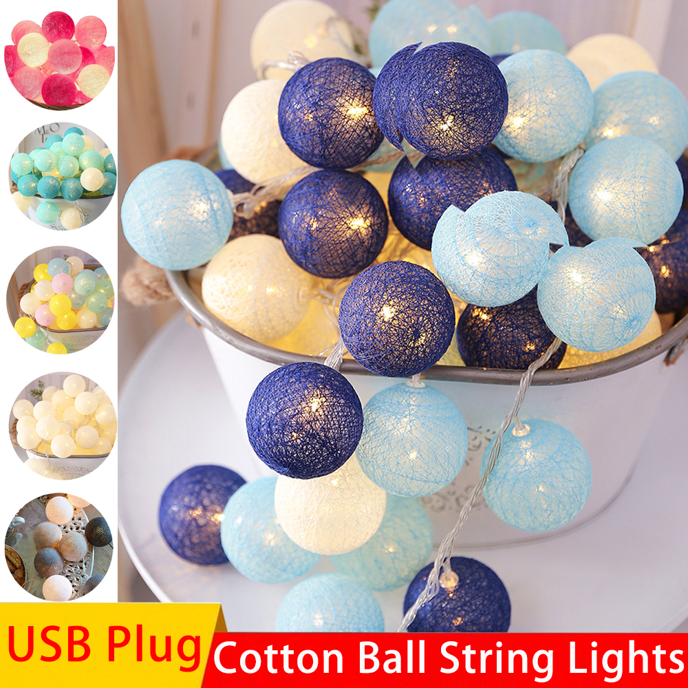 20 LED Cotton Ball String Fairy Lights USB Bulb Lamp Bedroom Party Home Outdoor Decoration Holiday Garland Christmas Ball Lighting Chain 2.2m