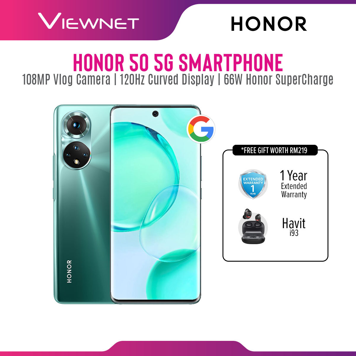 [New] HONOR 50 5G Smartphone with 6GB+128GB / 8GB+256GB - 1+1 Year Warranty