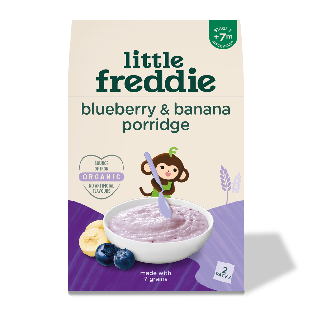 Little Freddie Organic Baby Porridge 2*80g (6-7m+)Baby Rice 7 Grain with Blueberry
