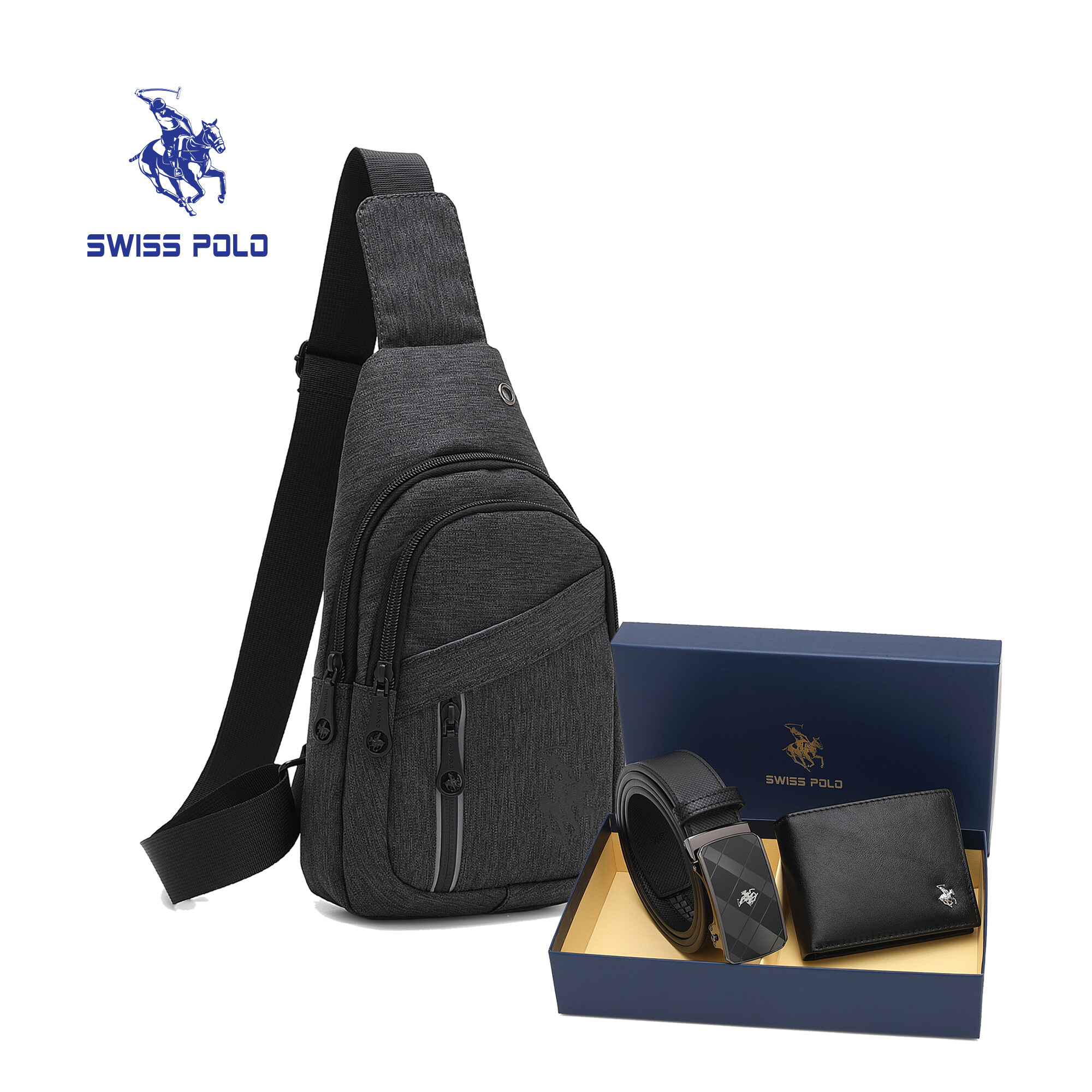 SWISS POLO Gift Set/ Box Wallet With Belt SGS 568-8 BLUE/GREY