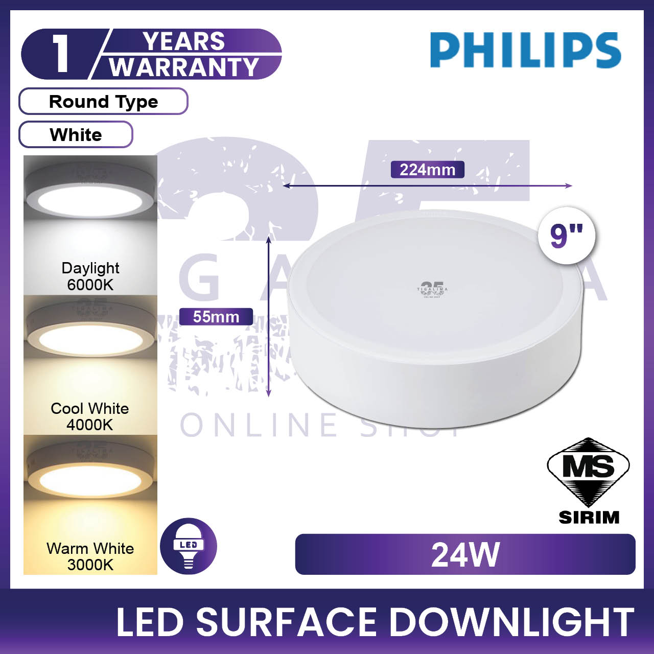 PHILIPS Meson LED Surface Downlight 59472 59474 7Inch 9Inch 17W 24W LED Surface Philips Surface Mounted Lampu Siling