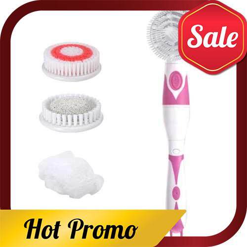 4 in 1 Waterproof Electric Bath Brush Multi-functional Body Cleansing Brush Back Massage Scrubber with 4 Brush Heads Shower Brush with Long Handle (Pink)