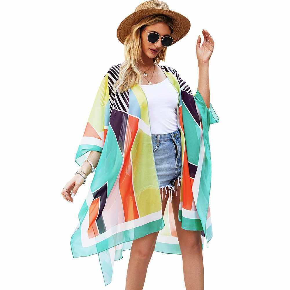 New Women Chiffon Kimono Cardigan Beach Cover-Ups Geometry Print 3/4 Sleeves Loose Casual Blouse Open Front Top Green (Green)