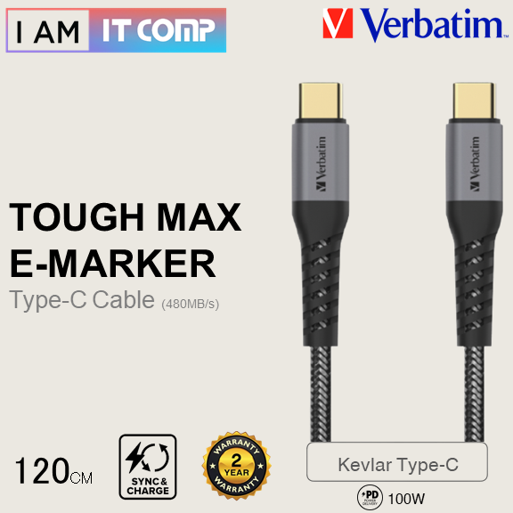 Verbatim Tough Max E-Marker Kevlar 5A Type-C Cable / PD 100W Fast Charge / Supports QC 2.0 & 3.0 / Double-Layer Nylon ( VB-66065/VB-66066 )