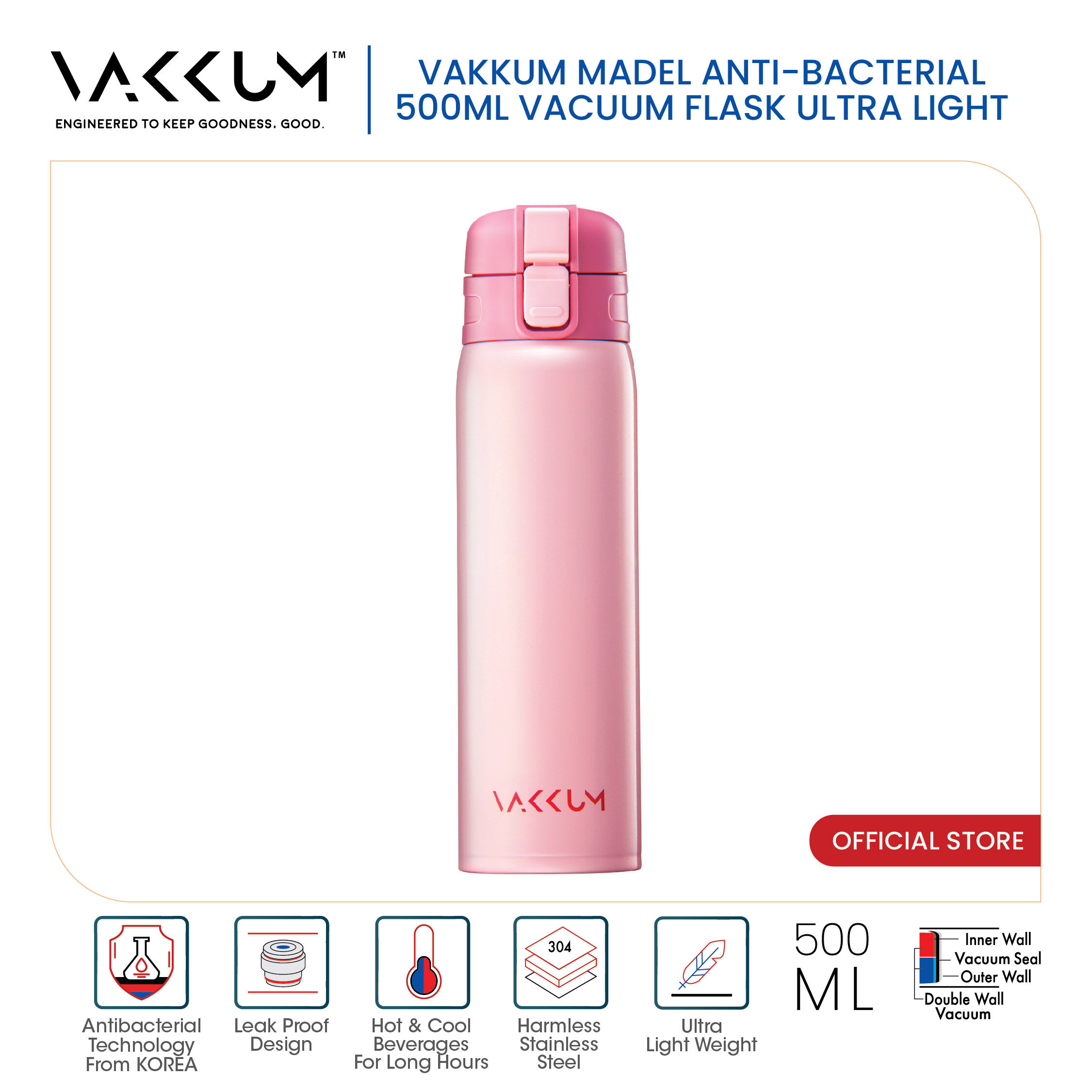 [OASIS SWISS] ANTI-BACTERIAL VAKKUM MADEL FLASK 500ml DOUBLE WALL S.S. BLUE@PINK - VK-200450-LE