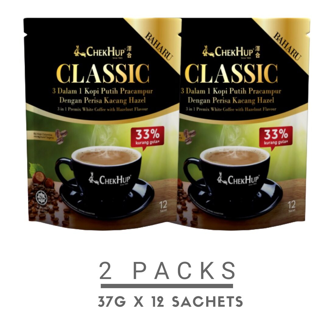 Chek Hup 3in1 Classic Colombian White Coffee with Hazelnut (33% Less Sugar) 37g x 12s [Bundle of 2]