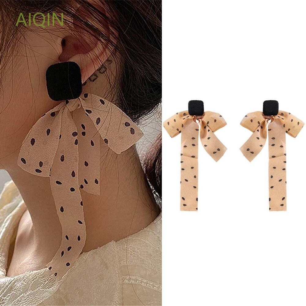 (Jump) AIQIN Temperament Dangle Earring Trendy Ear Clip Bow Stud Earrings Women Chiffon Wild Ribbon Elegant Polka Dot Fashion Jewelry