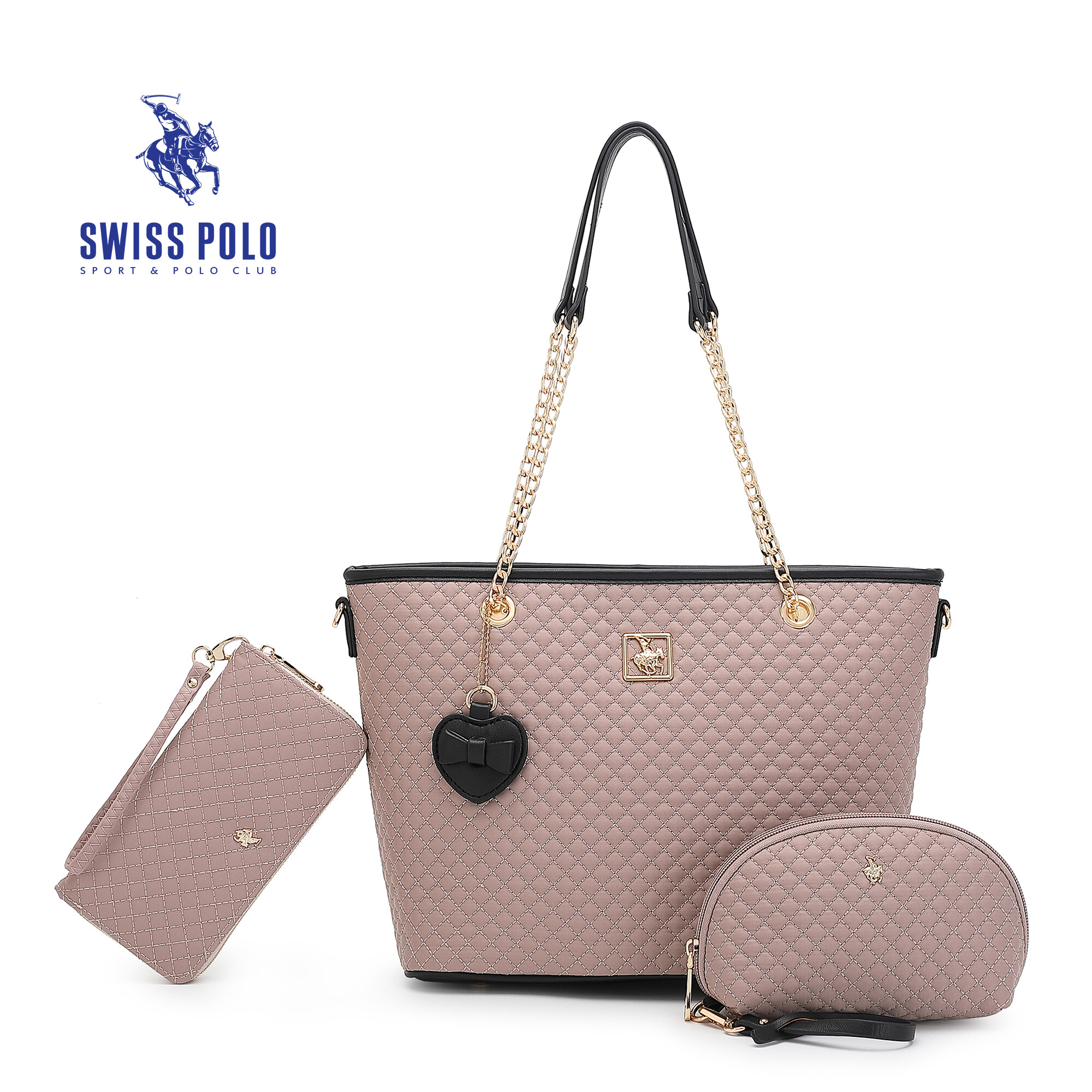SWISS POLO Ladies 3 In 1 Ladies Quilted Bag With Pouch/ Long Purse HHP 3876-2 PINK