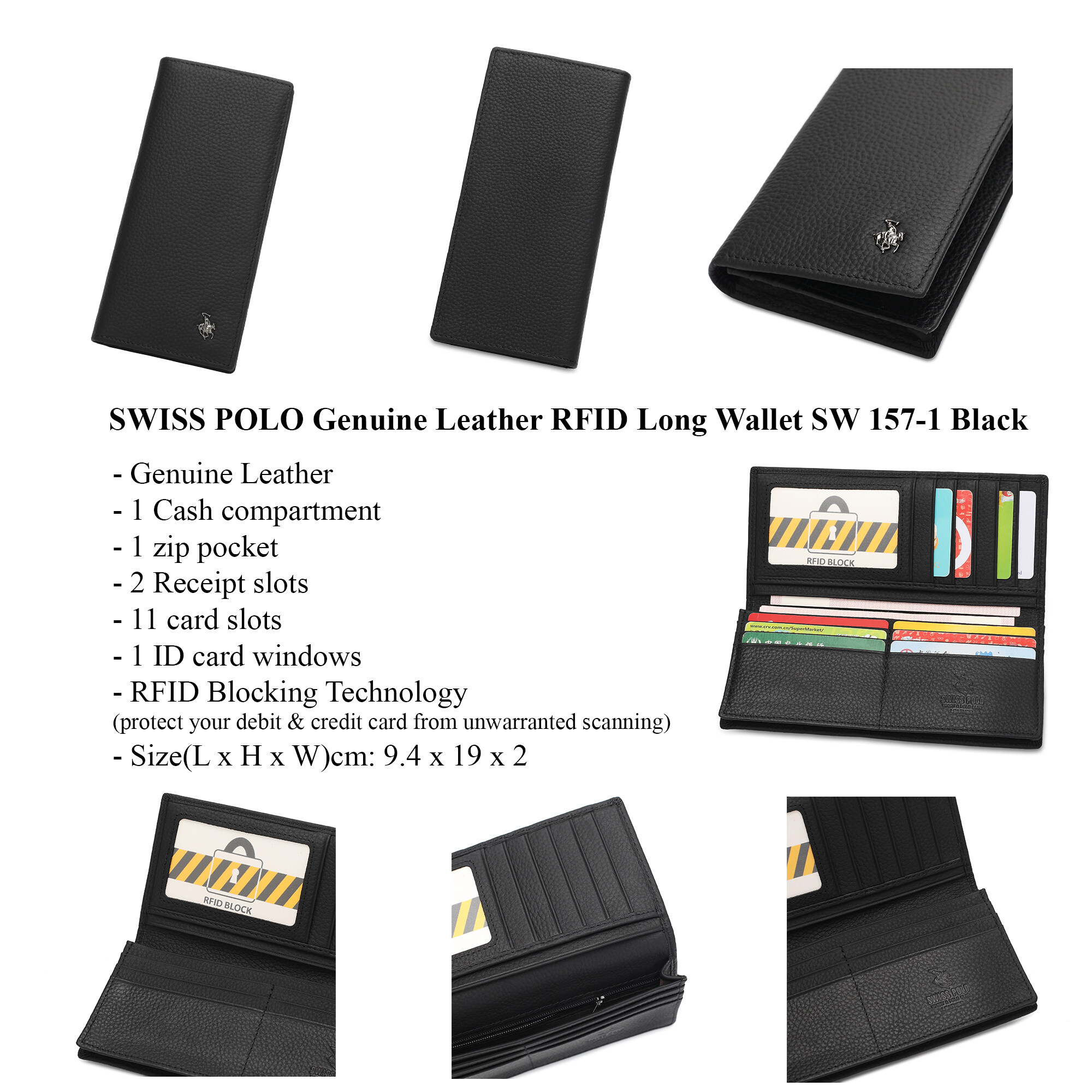 SWISS POLO Genuine Leather RFID Long Wallet SW 157-1 BLACK